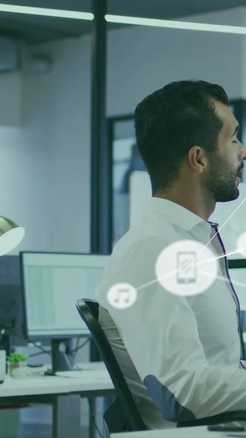 Vertical video: Worker speaking causing cell note chat icons growing to obscure Stock Footage 333135345
