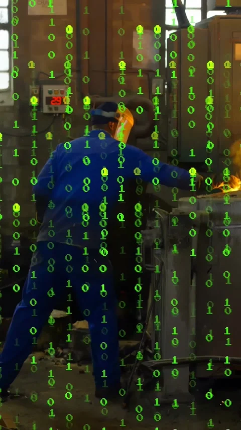 Vertical video: Worker stepping to forge finishing pour as sparks flying binary Stock Footage 334549934