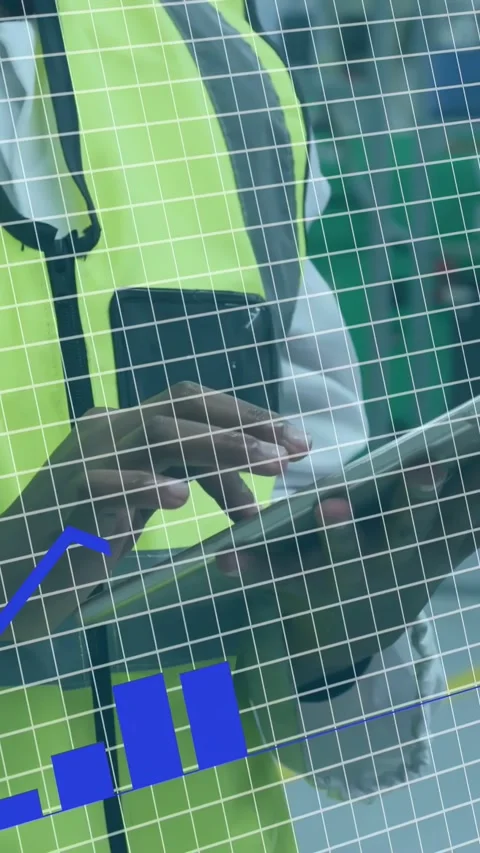 Vertical video: Worker tapping device, swiping checking transport data via glass Stock Footage 335507535