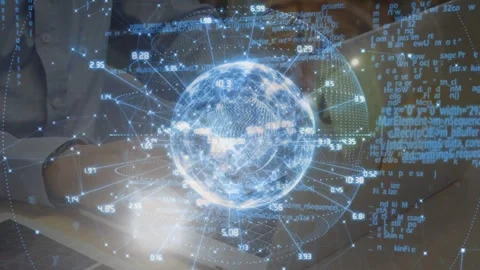 Vertical video: Worker tapping keyboard, data globe evolving nodes and code Stock Footage 333575041