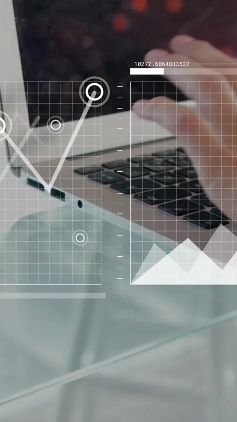 Vertical video: Worker typing on laptop, causing animated data nodes and rising Stock Footage 331790398