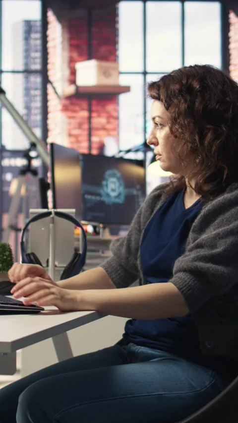 Vertical Video Worker uses AI chatbot system to guide through problem solving Stock Footage 308492873