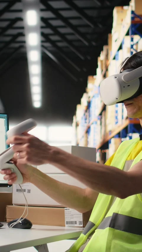 Vertical Video Worker uses a VR headset connected to AI for hands free inventory Stock Footage 312650350