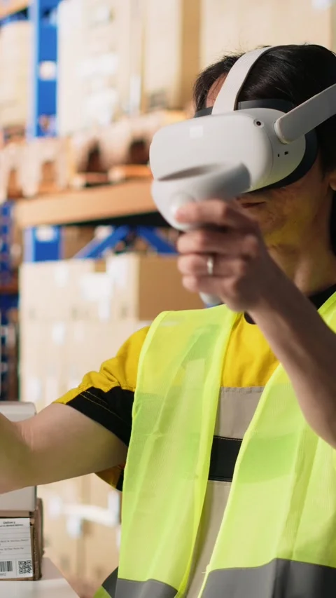 Vertical Video Worker uses a VR headset connected to AI for hands free inventory Stock Footage 312651704