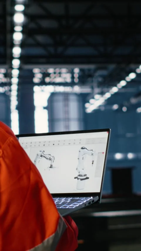 Vertical Video Worker using automation software connected to robot machinery Stock Footage 321845223