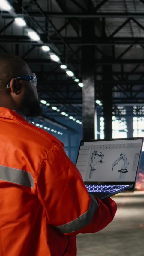 Vertical Video Worker using automation software connected to robot machinery Stock Footage 322075600