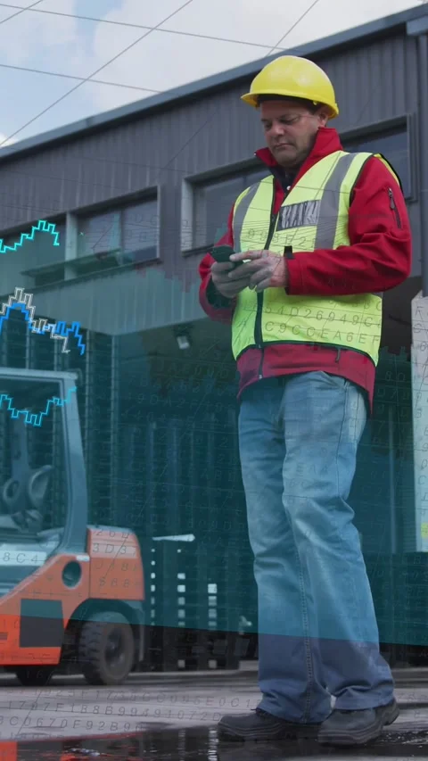 Vertical video: Worker using phone, data graphs rising over warehouse tracking Stock Footage 334377565