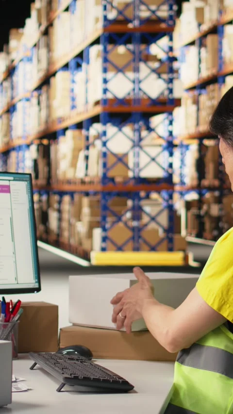 Vertical Video Worker verifying cardboard boxes and awb tags for parcel tracking Stock Footage 312579186