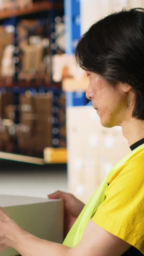 Vertical Video Worker verifying cardboard boxes and awb tags for parcel tracking Stock Footage 312651177