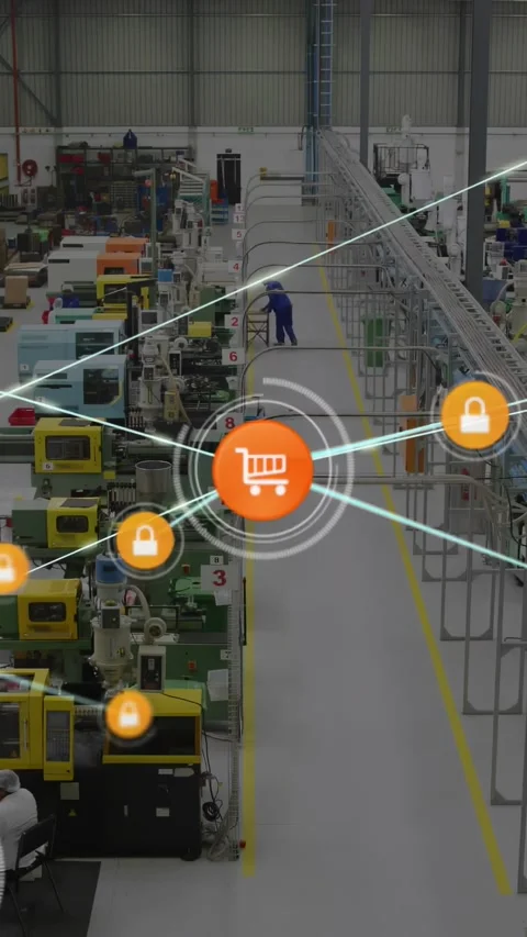 Vertical video: Workers in plant working under pulsing orb, cart node linking Video stock 332598796