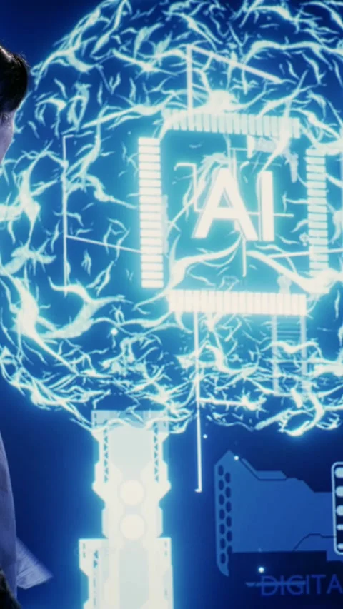 Vertical video Workers using AI computing simulation Stock Footage 249083108