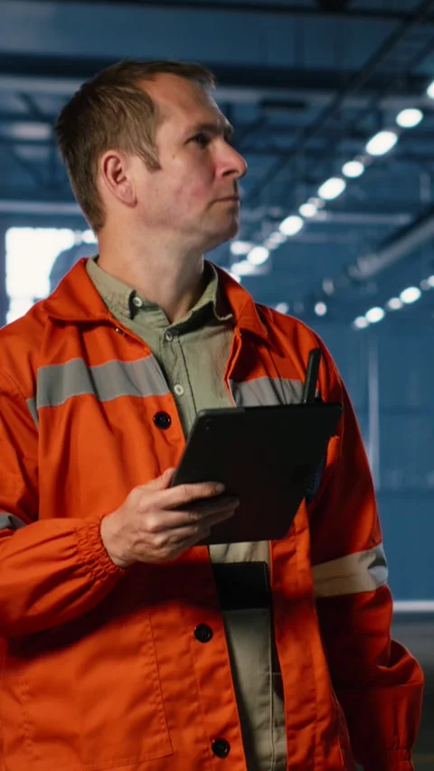Vertical Video Workforce technician walking on factory floor using tablet Stock Footage 321844665