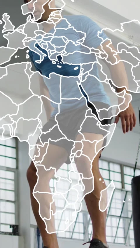 Vertical video: World-map overlay sliding triggers man doing plyo box steps and Stock Footage 332775253