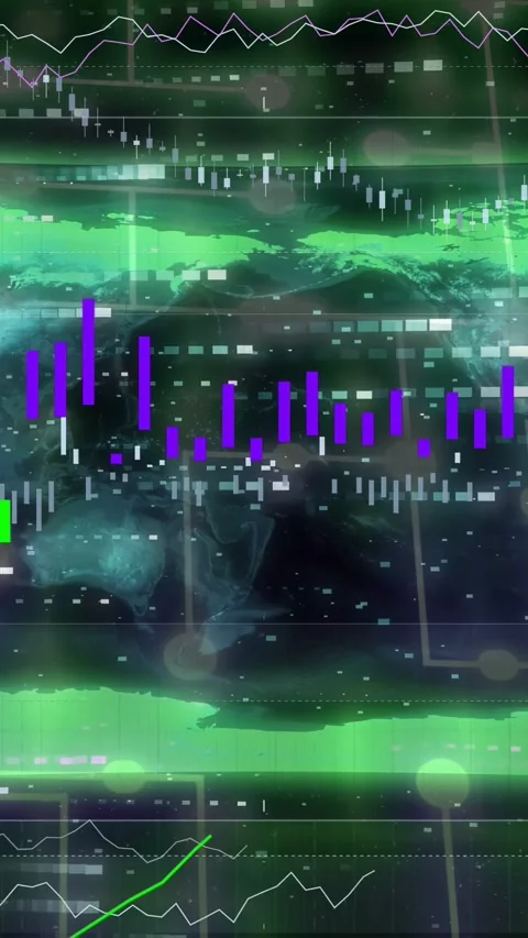 Vertical video: World map receiving data pulses, showing purple bars, green Stock Footage 335741131