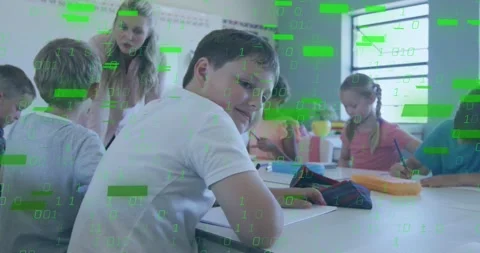 Vertical video: Writing boy looking up teacher-blouse leaning talking at desk Stock Footage 331198069
