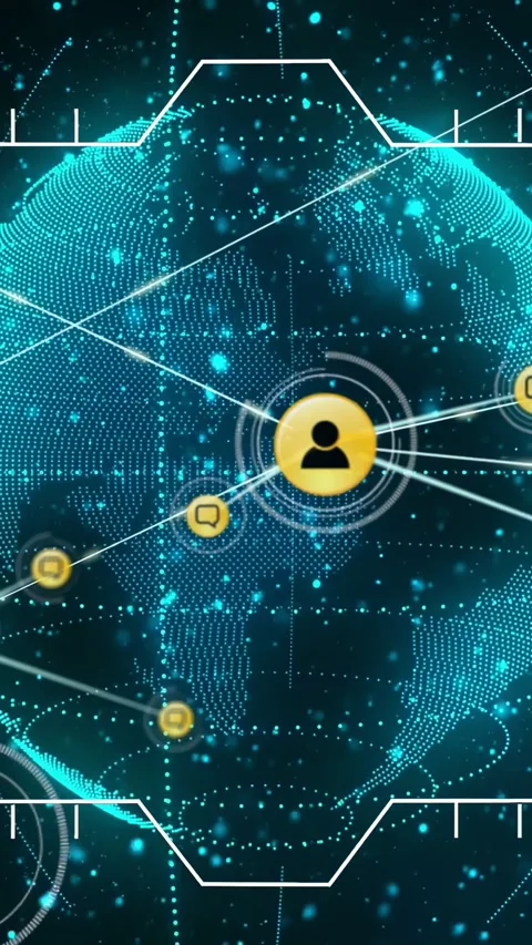 Vertical video: Yellow center node appearing, pulsing, linking as globe Stock Footage 340133355