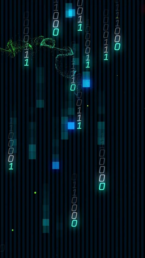 Vertical video: Yellow dots sparking binary streams falling, ribbon weaving, Stock Footage 328331837