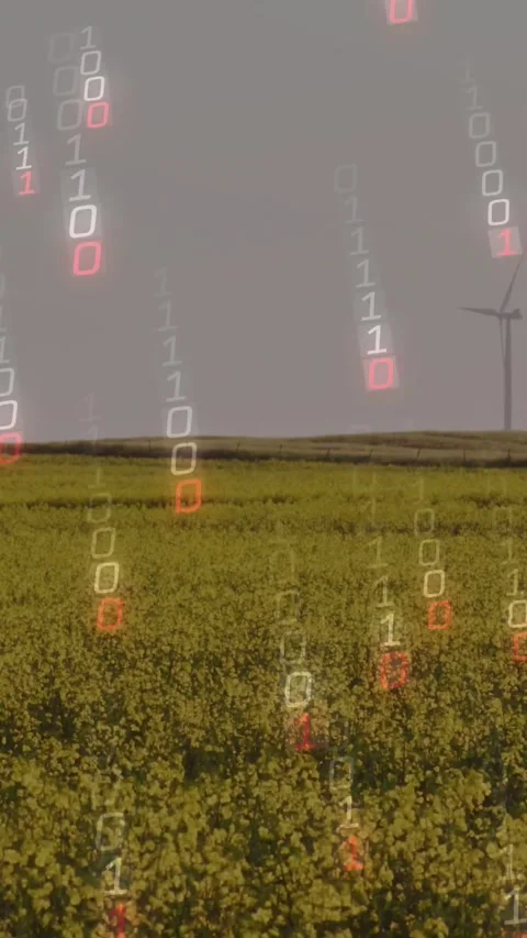 Vertical video: Yellow field holding post 1s delay binary digits falling into Stock Footage 334387339