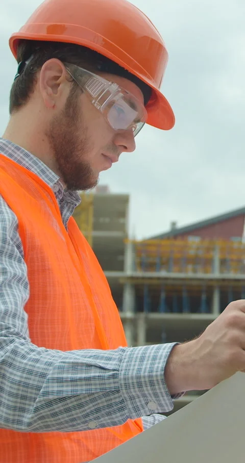 Vertical video. Young architect with hard hat holding blueprint Stock Footage 345503198