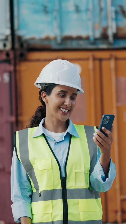 Vertical Video. Young Architect Standing, Talks On Video Call Through Her Phone Stock Footage 312198143