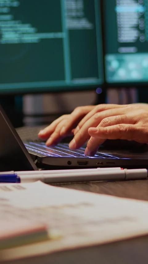 Vertical video: Young hacker breaking into database server on computer Vídeos de archivo 220335394