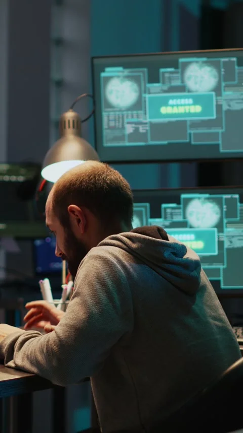 Vertical video: Young happy hacker celebrating coding achievement at night Stock Footage 220334430