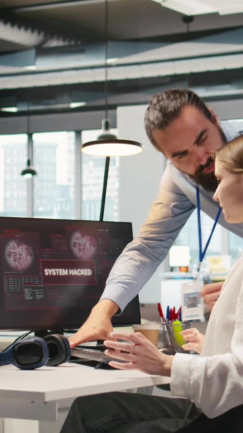 Vertical video Young inexperienced developer hacked in office requests help from Stock Footage 312768859