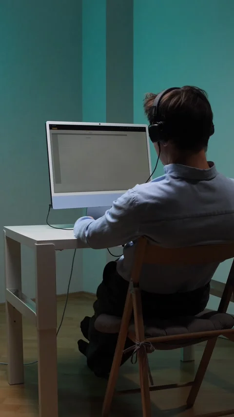 Vertical video young man focused at a desktop with headphones, typing at a Stock Footage 345530129