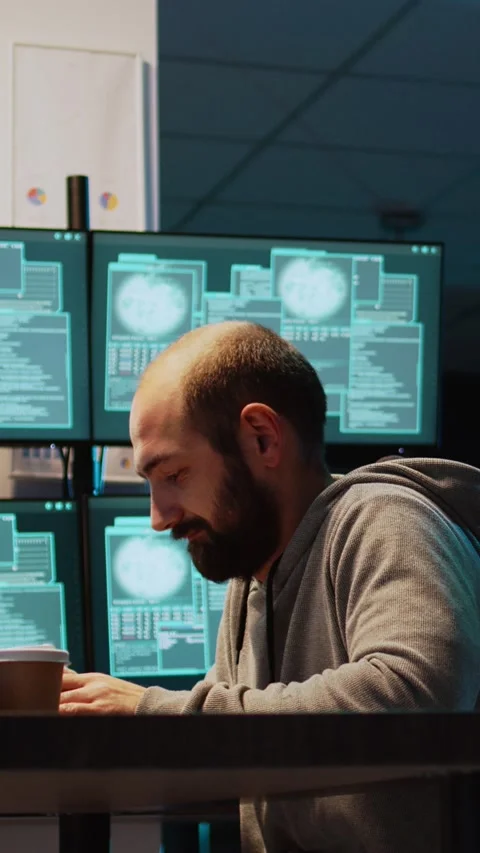 Vertical video: Young man hacking password to break server interface, Stock-Footage 220335897