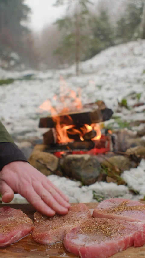Vertical video of young man is marinated meat near bonfire at winter time Stock Footage 297946220