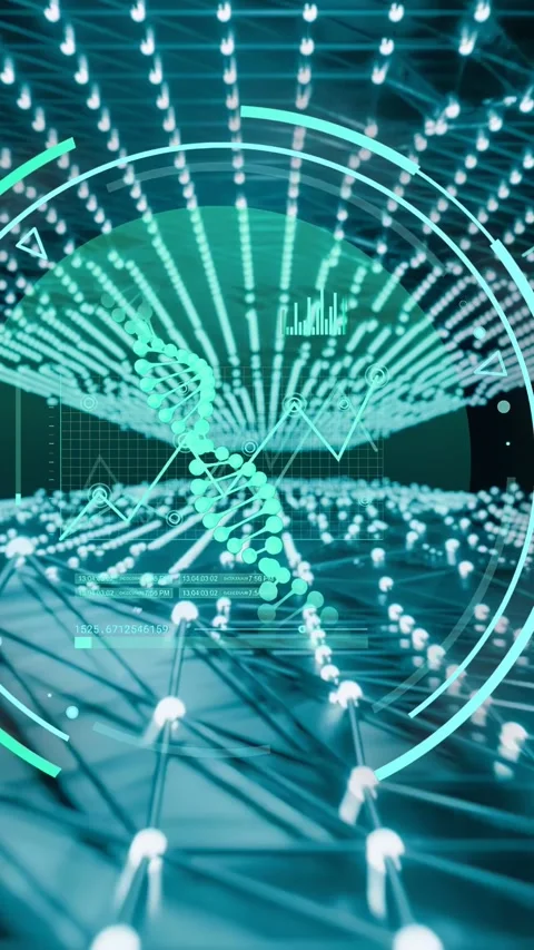 Vertical video: On zoom DNA helix rotating, node grid forming, HUD updating, Stock Footage 335678210