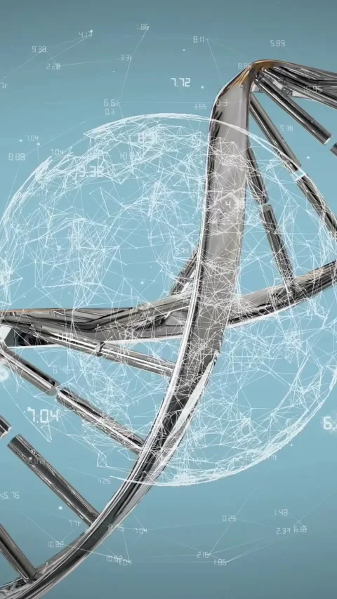Vertical video: Zoom out causing DNA helix turning sphere growing data drifting Stock Footage 329840258