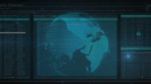 Vertical video: Zooming digital globe rotating through views in command terminal Stock Footage 332881874