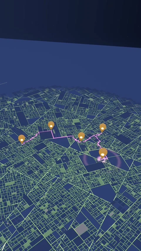 Vertical video: Zooming map in app node appearing tracing magenta route adding Stock Footage 348001727