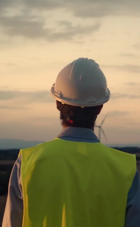 Vertical video.Engineer man from behind observing windmills at night. Stock Footage 208925923