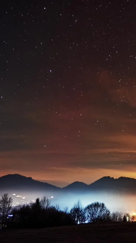 Vertical video,Red Aurora Borealis Over Carpathian Hills Night Sky with Gentle Stock-Footage 297844871