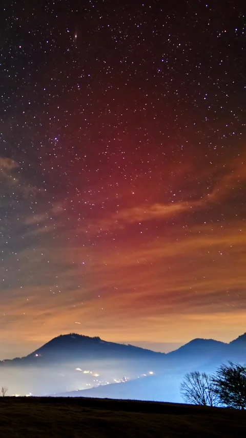 Vertical video,Red Aurora Borealis Over Carpathian Hills Night Sky with Gentle Stock-Footage 301647339