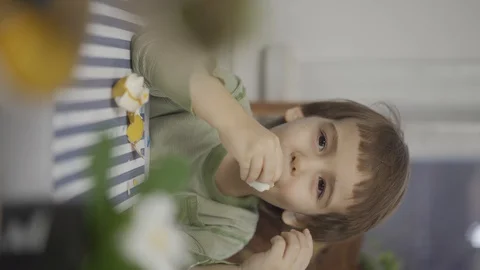 Vertical videos. the child eats the egg and smiles. Having a good time at Home Video stock 127964098