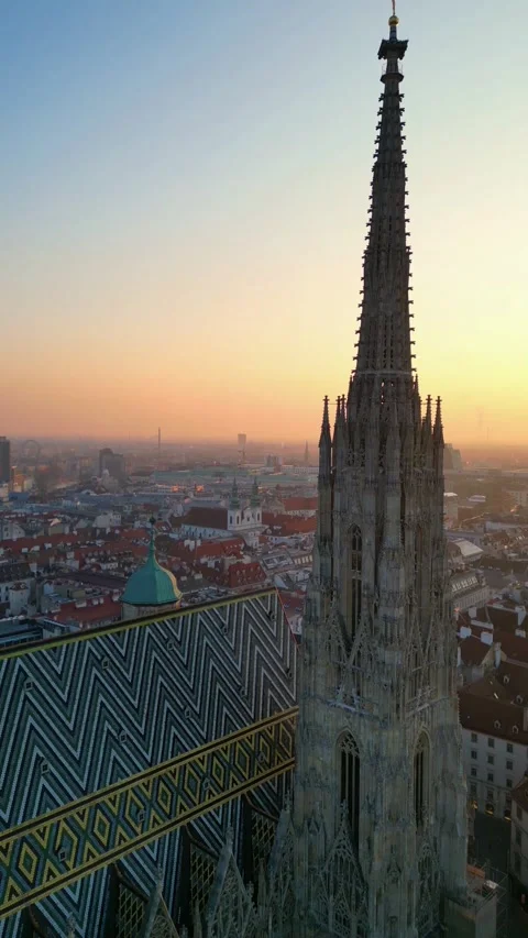 Vertical Vienna's St. Stephen's Cathedral at sunrise aerial view Stock Footage 304180732