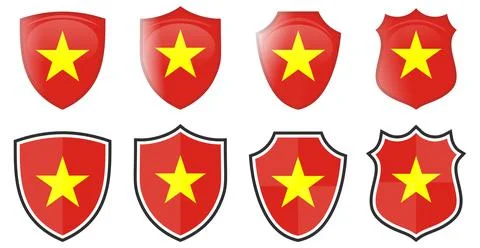 Vertical Vietnam flag in shield shape, four 3d and simple versions. Vietnames Ilustración de archivo