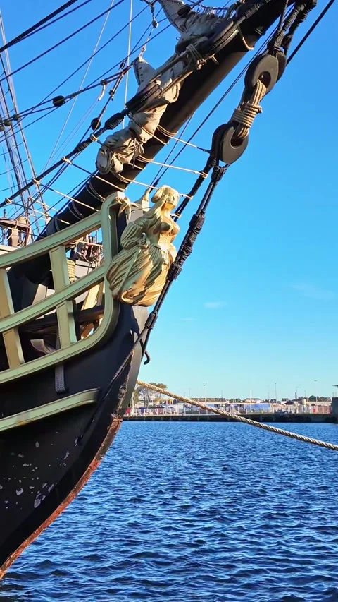Vertical view about an old pirate ship front details near harbor, Saint-Malo Stock Footage 293038932