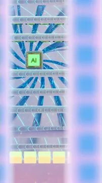 Vertical view of AI processor at the center of a digital circuit board, sur.. Stock Illustration