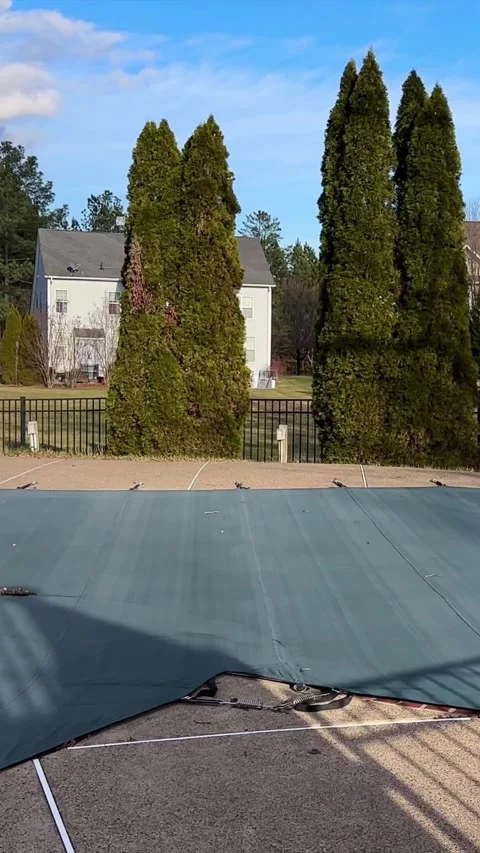 Vertical view, Backyard Swimming Pool Winterized in Residential Area 스톡 동영상 325970984