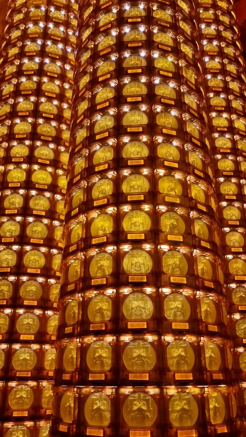 Vertical View of Big Spinning Buddhist Prayer Wheels Inside Temple in Shanghai Stock Footage 332923893