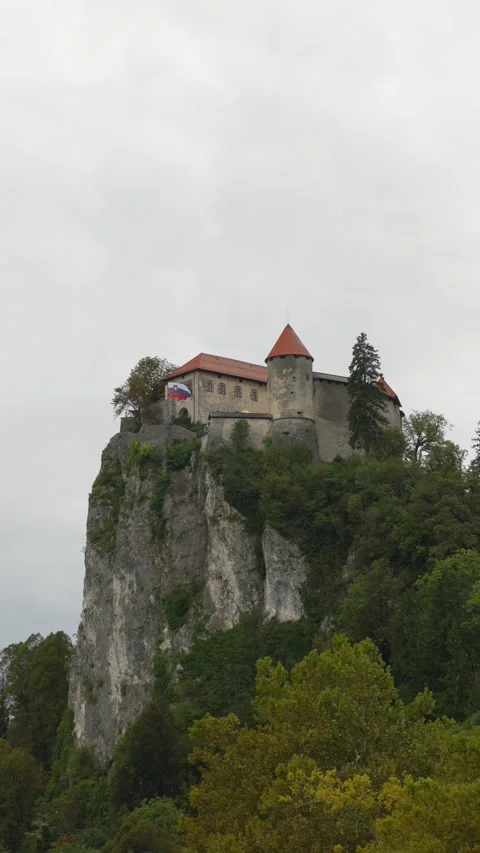 Vertical view of Bled Castle perched on a dramatic cliff above forest on a 스톡 동영상 334179829