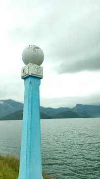 Vertical View of Blue Post With White Globe on Aliyar Dam, Movie Location R.. Stock Photos