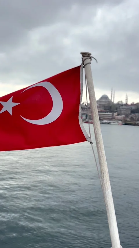 Vertical View of Bosphorus Bridge and Turkish Flag from Boat Video stock 333607753