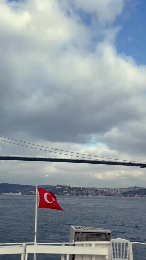 Vertical View of Bosphorus Bridge and Turkish Flag from Boat Video stock 333607754