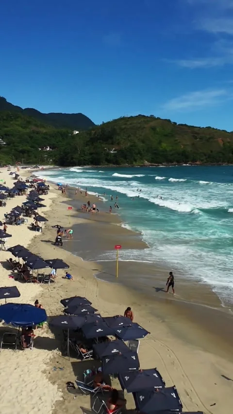 Vertical View of Busy Tropical Beach with Surfers and Rolling Waves Vídeo Stock 340526657