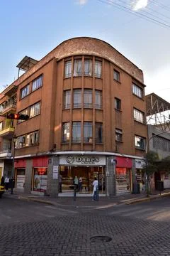 Vertical view of a cafe building in a corner of the historic center, Guadalajara Stock Photos